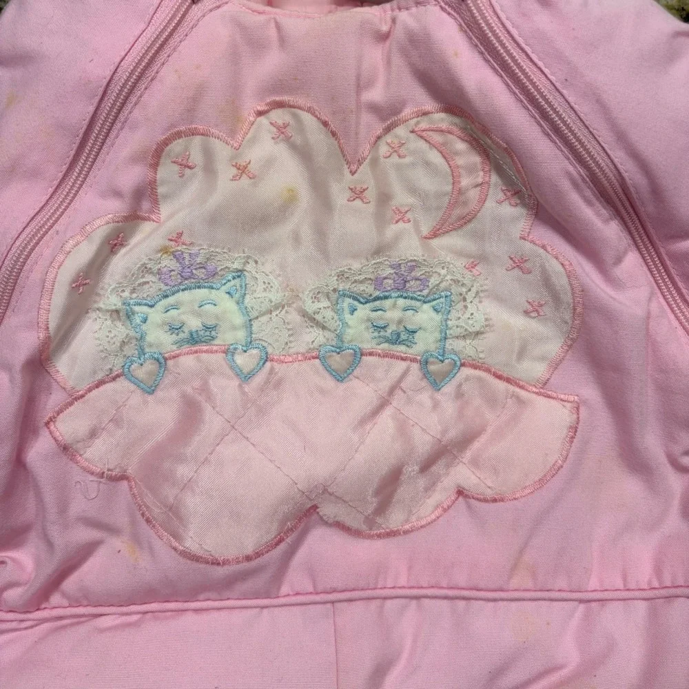 Vintage Pink Toddler Snowsuit 18M Cat Applique Faux Shearling Hood Quilted